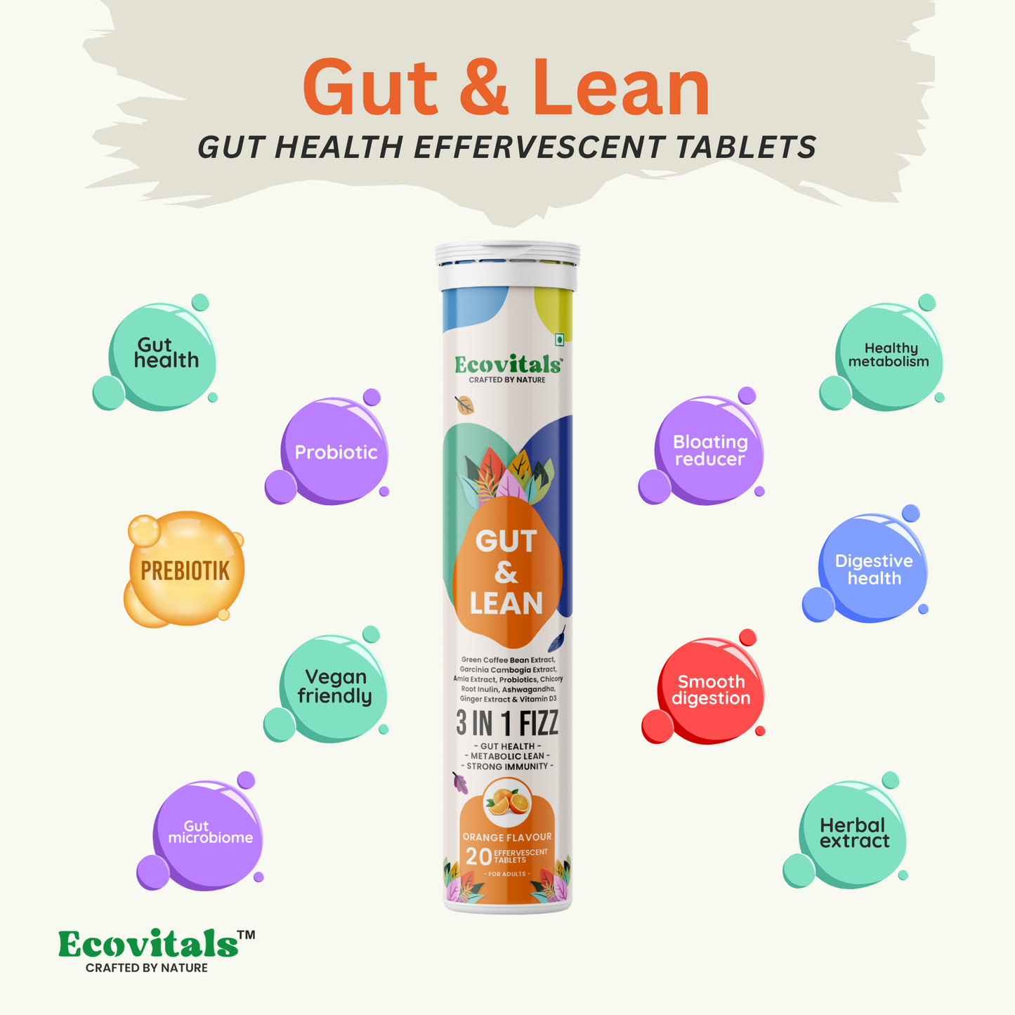 Ecovitals Gut & Lean: A 3-in-1 Probitoics & Herbs Formula for Healthy Gut.