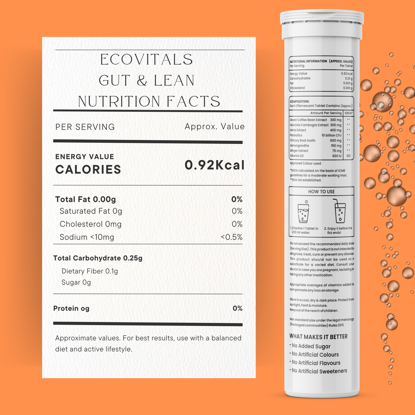 Ecovitals Gut & Lean | India’s Trusted 3-in-1 Herbal Fizz for Gut Health, Weight Management & Immunity (Orange Flavour)