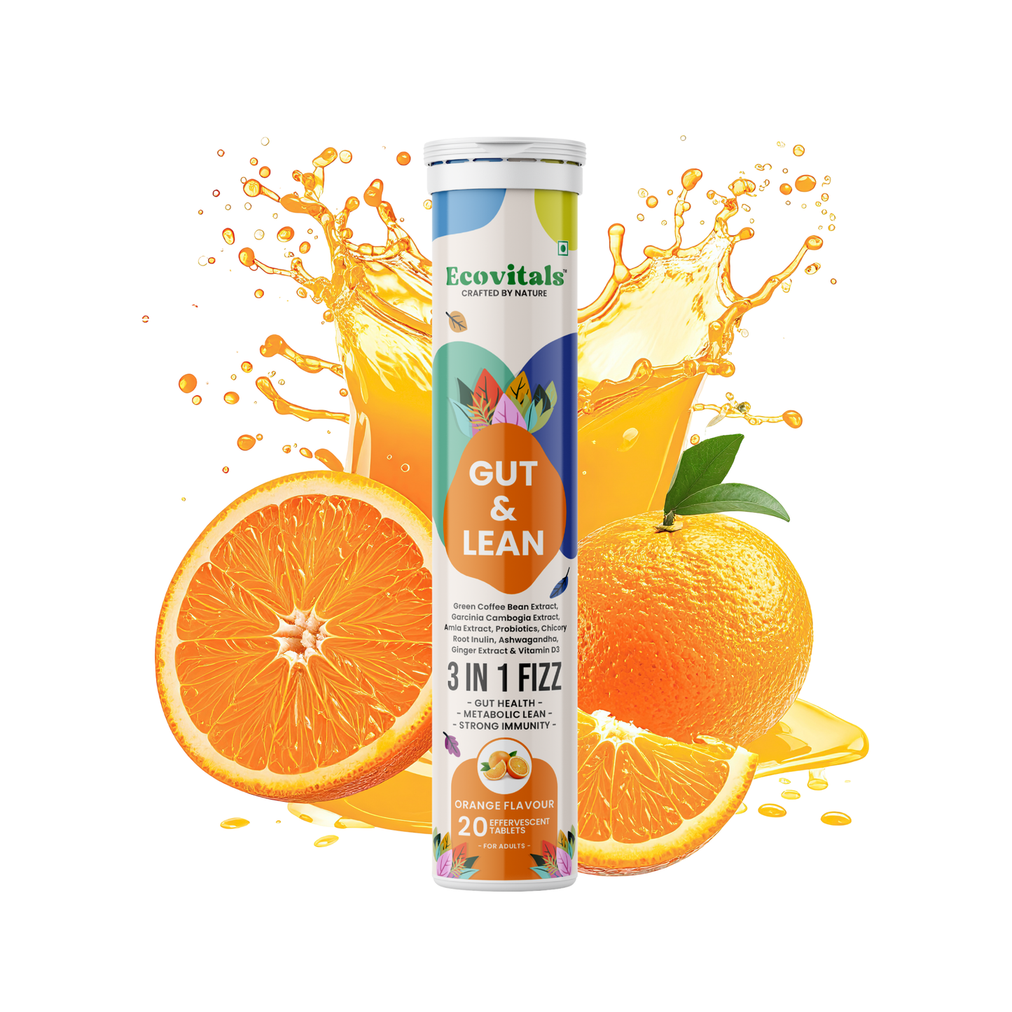 Ecovitals Gut & Lean | India’s Trusted 3-in-1 Herbal Fizz for Gut Health, Weight Management & Immunity (Orange Flavour)