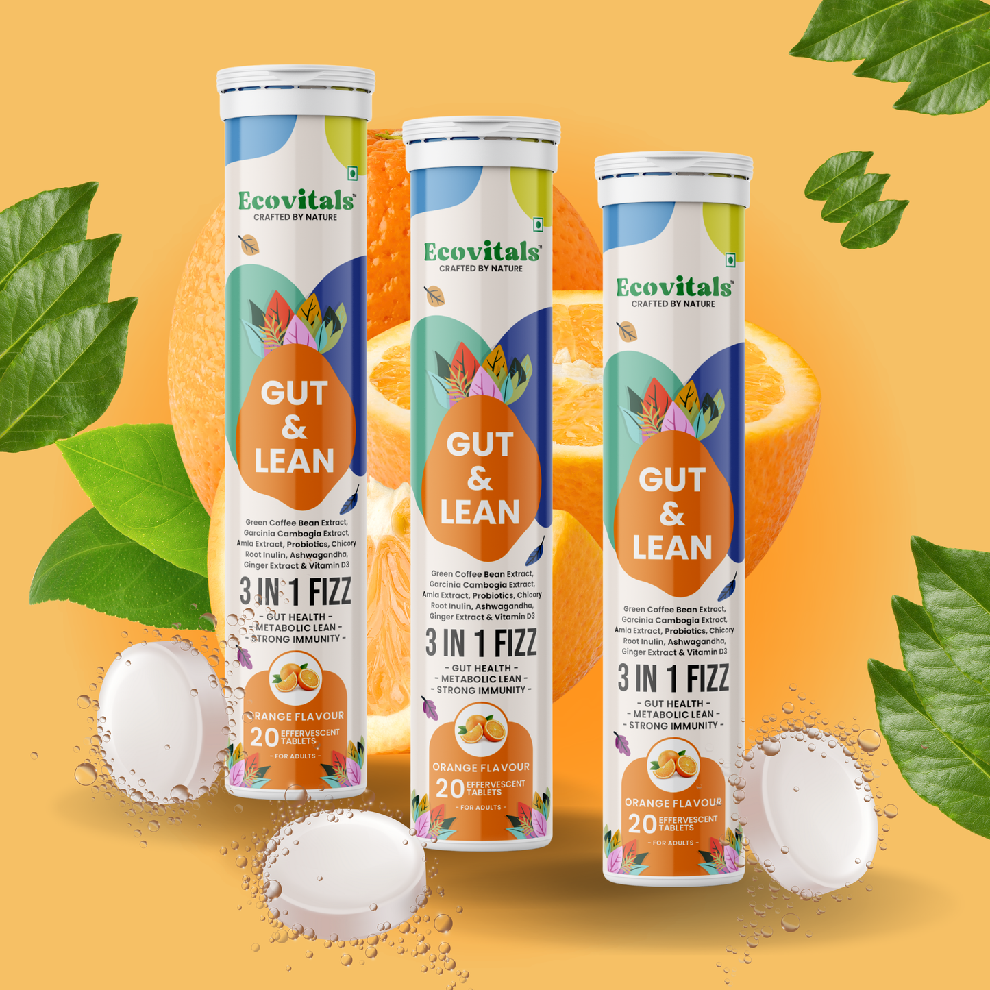 Ecovitals Gut & Lean | India’s Trusted 3-in-1 Herbal Fizz for Gut Health, Weight Management & Immunity (Orange Flavour)