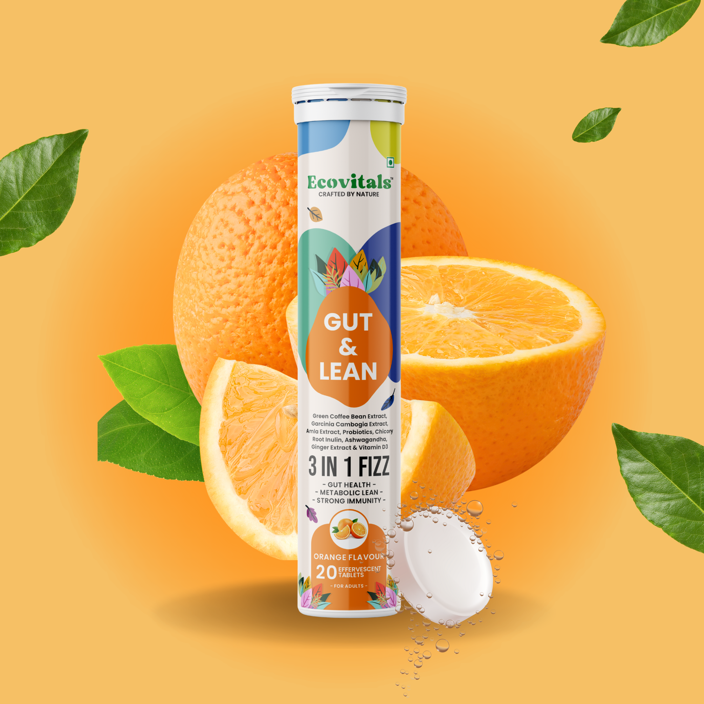 Ecovitals Gut & Lean | India’s Trusted 3-in-1 Herbal Fizz for Gut Health, Weight Management & Immunity (Orange Flavour)