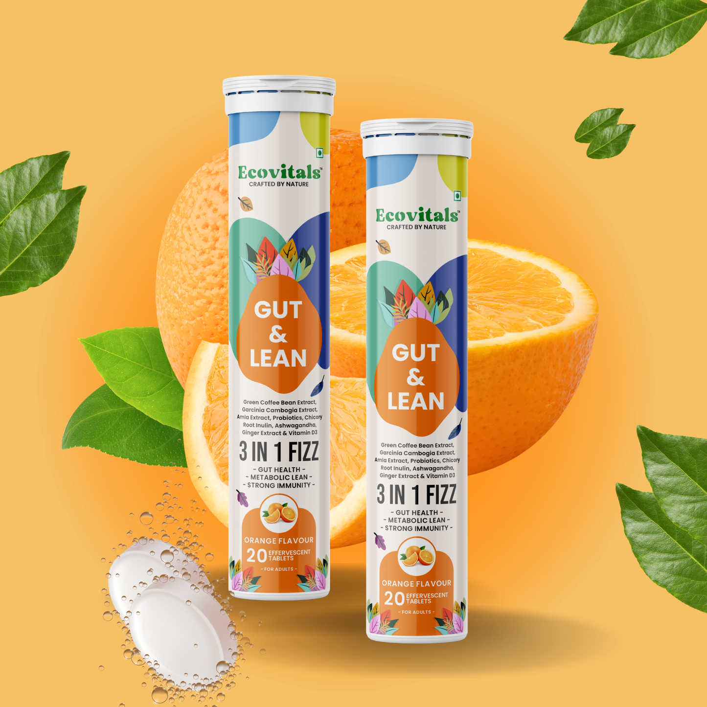 Ecovitals Gut & Lean | India’s Trusted 3-in-1 Herbal Fizz for Gut Health, Weight Management & Immunity (Orange Flavour)