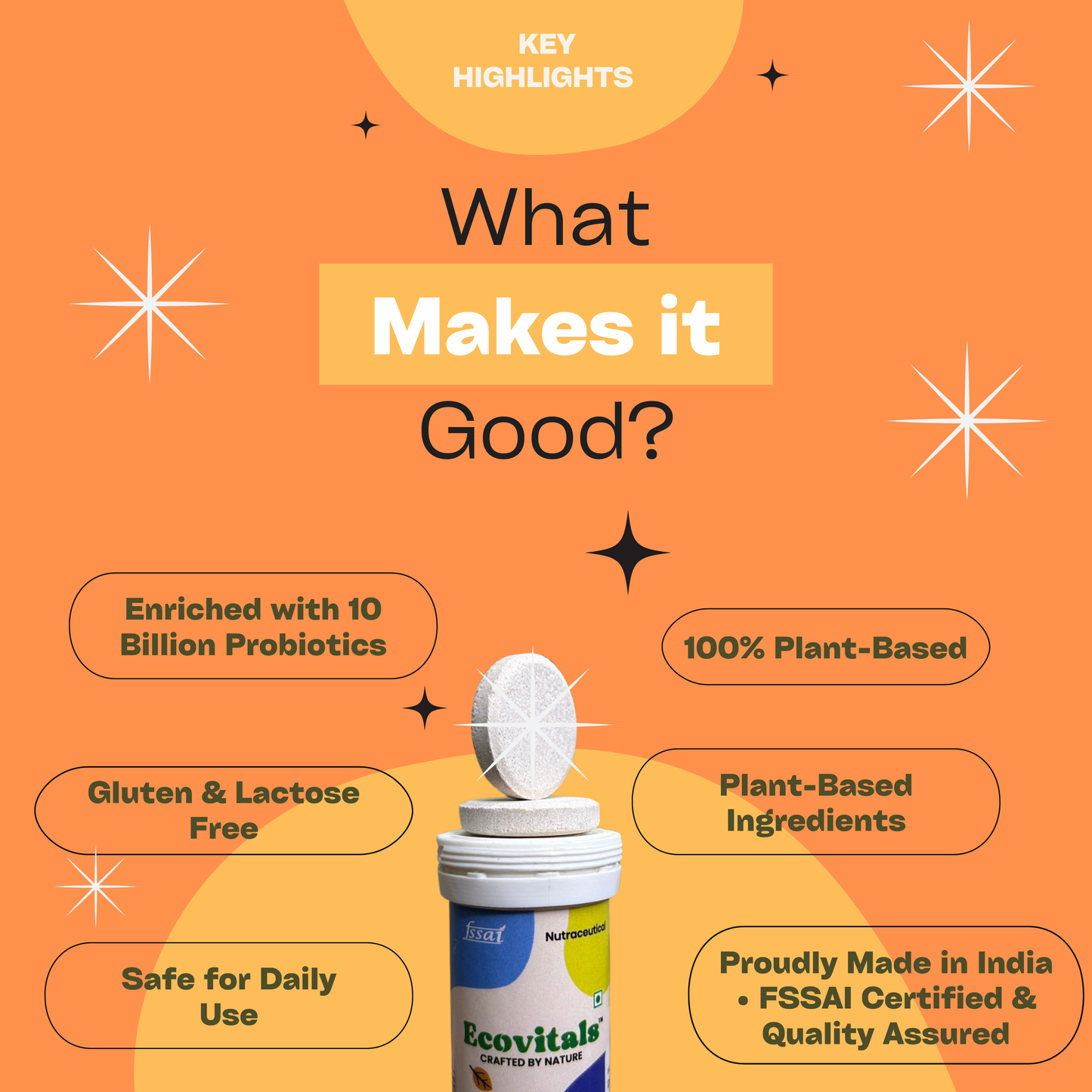 Ecovitals Gut & Lean | India’s Trusted 3-in-1 Herbal Fizz for Gut Health, Weight Management & Immunity (Orange Flavour)