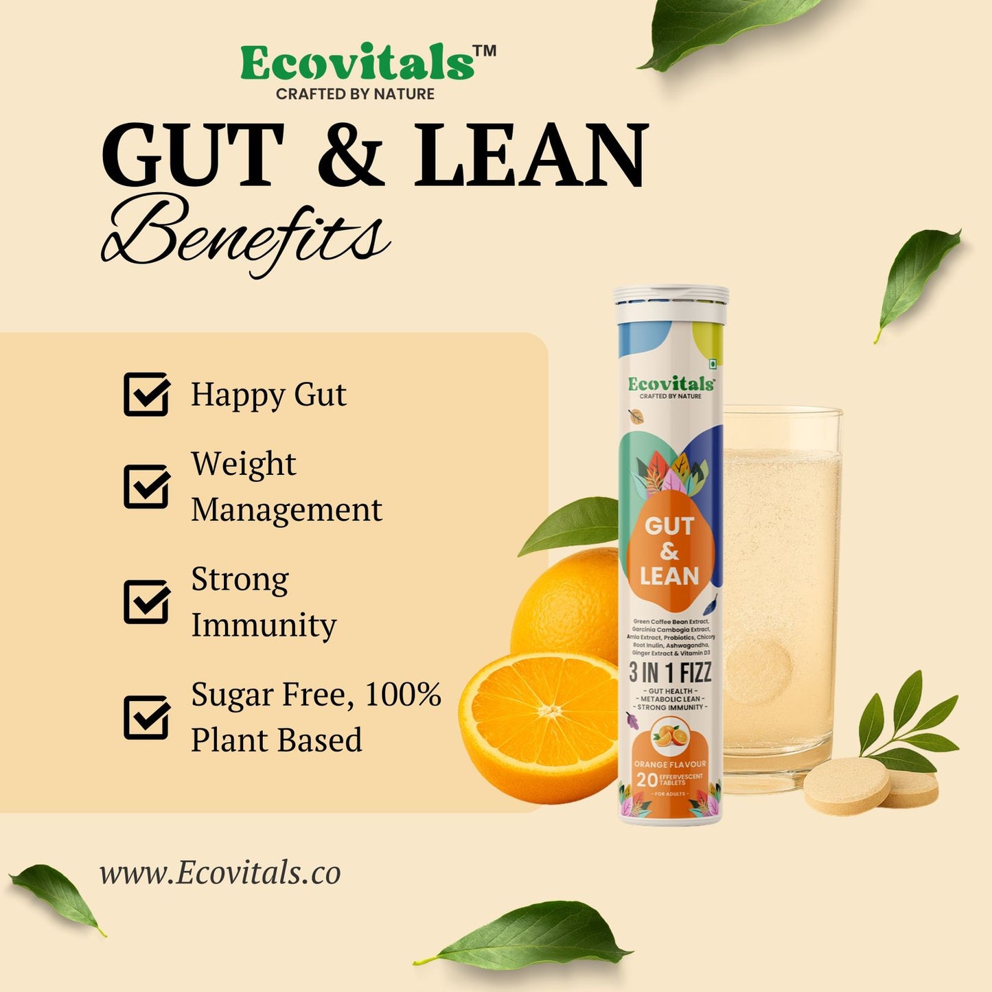 Ecovitals Gut & Lean | India’s Trusted 3-in-1 Herbal Fizz for Gut Health, Weight Management & Immunity (Orange Flavour)